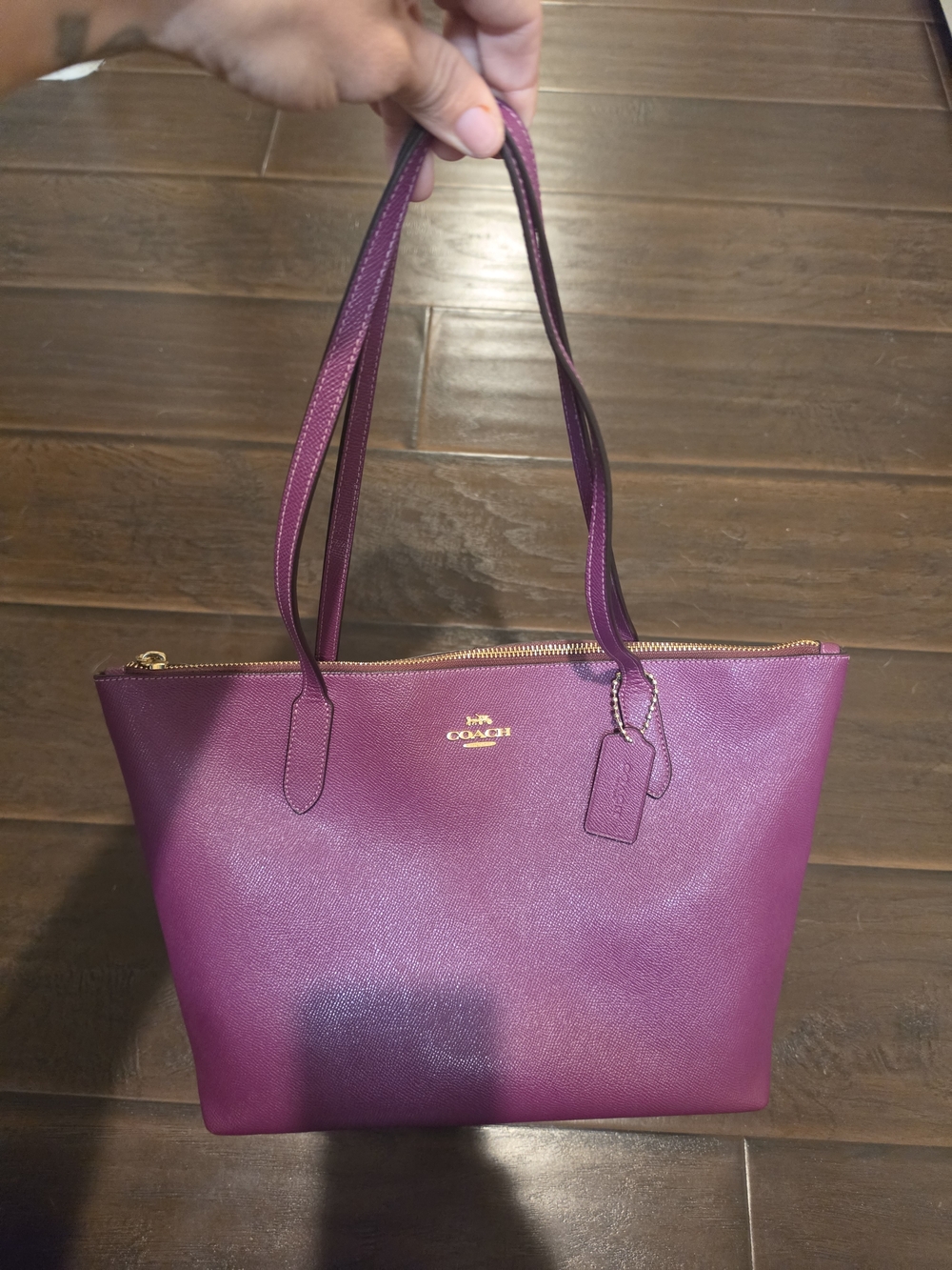 Coach Plum Leather Zip-Top Tote with Gold Hardware